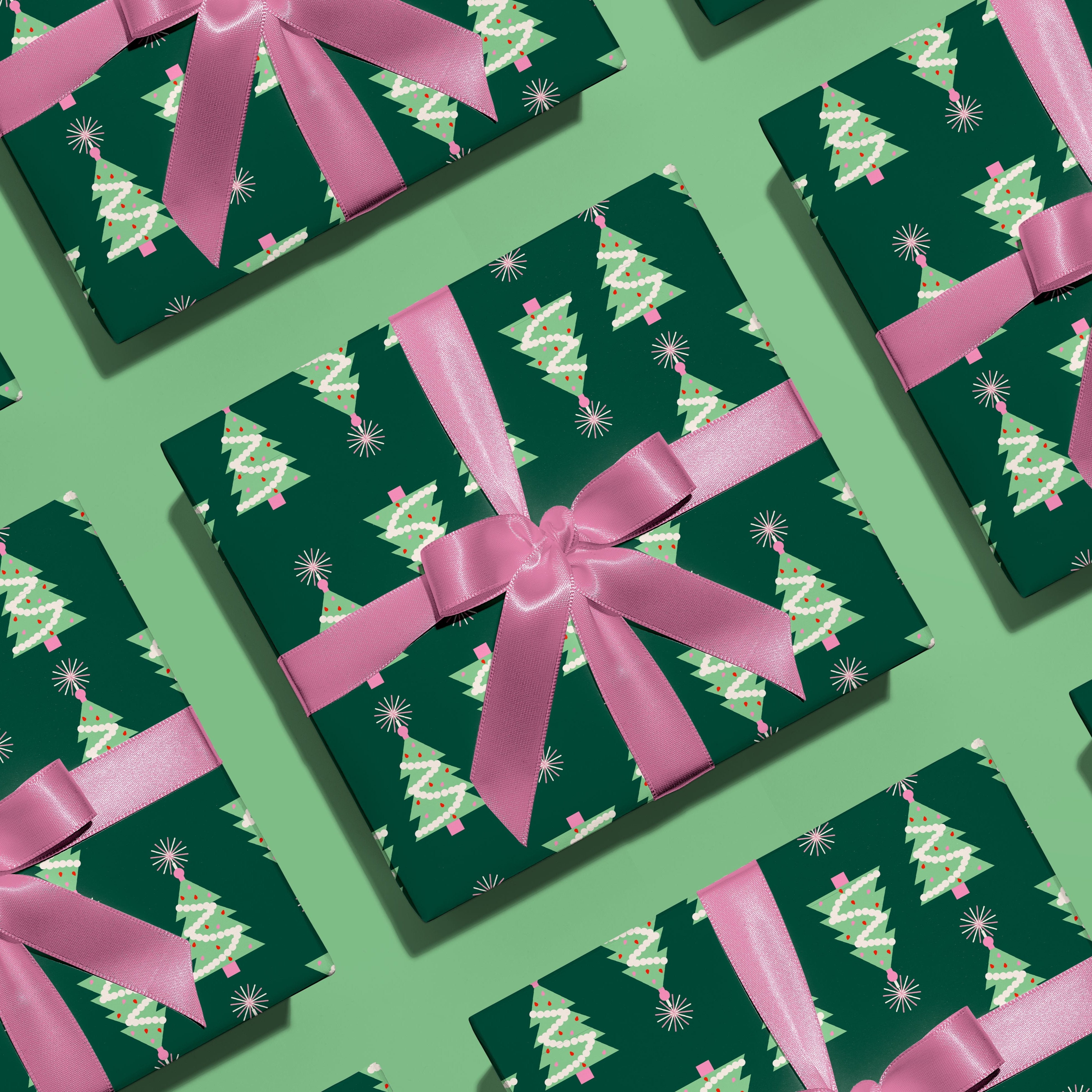 green and pink christmas tree gift wrap